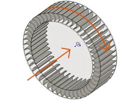 This is an image of a multi blade (sirocco) type fan. Its many blades are angled forward in the direction of rotation