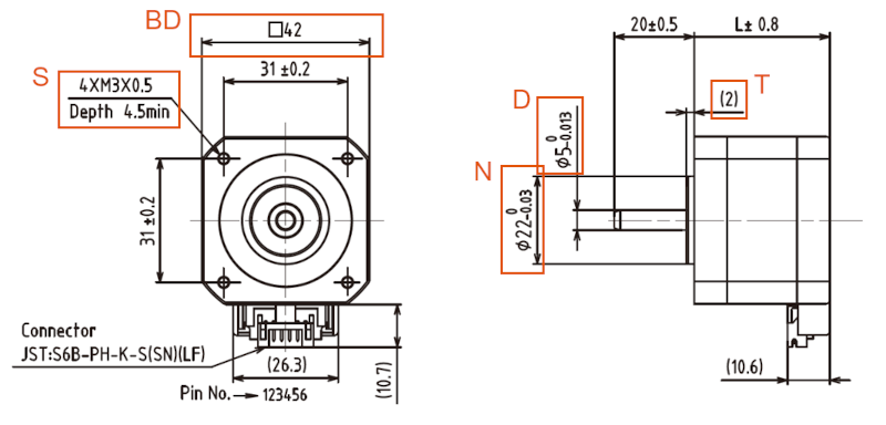 Example of an external view drawing of the ASPINA stepper motor STA-42D series. The elements enclosed in the square (corresponding BD, S, T, D and N in the table above) are specified by the NEMA standard.