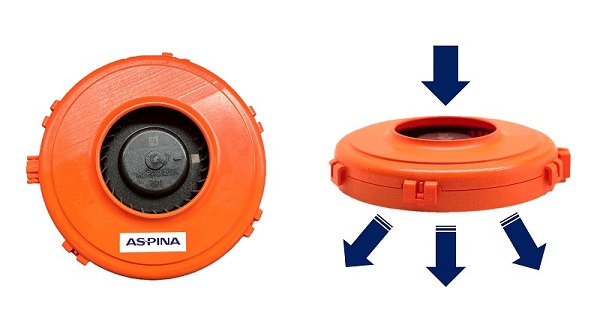 Image on left: A front image of ASPINA's back outlet blower motor for automotive seat ventilation. Image on right:  An image showing the blower motor blowing air out the back of the casing.